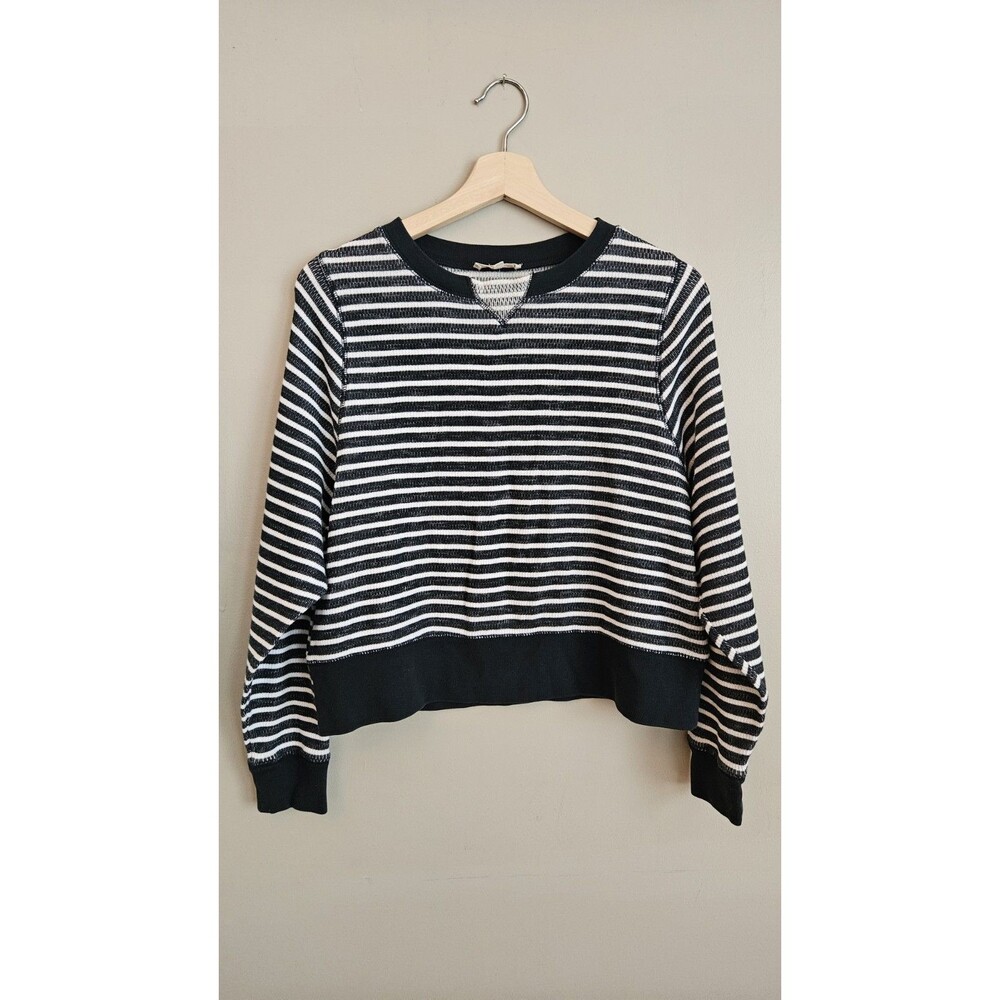 Madewell Womens Small Navy White Striped Thermal Waffle Knit Cropped Sweatshirt